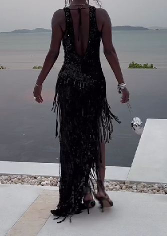 V-neck Sequined Fringe Maxi Dress
