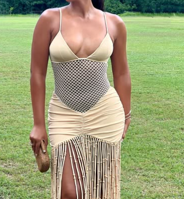 Suspender Mesh Sexy Pleated Hip-wrapped Tassel Dress