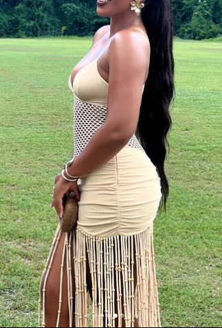 Suspender Mesh Sexy Pleated Hip-wrapped Tassel Dress
