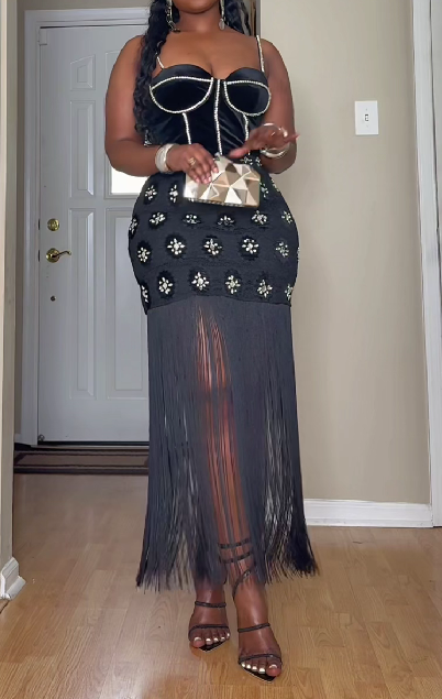 Rhinestone Decor Patchwork Fringe Hem Long Maxi Slip Dress