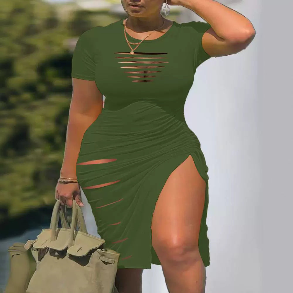 Hollow Slim Drawstring Pleated Dress