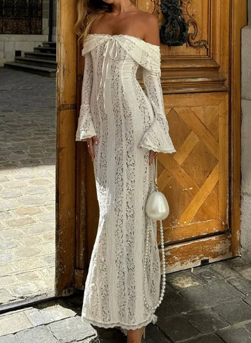 Fashionable & Sexy One-shoulder Waist Lace Maxi Dress