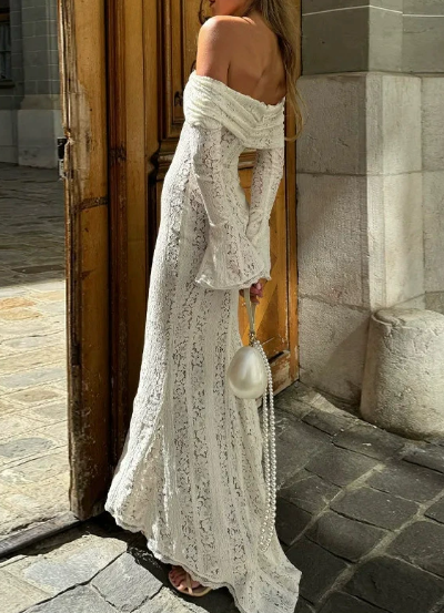 Fashionable & Sexy One-shoulder Waist Lace Maxi Dress
