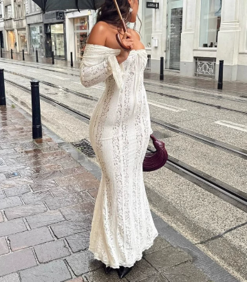 Fashionable & Sexy One-shoulder Waist Lace Maxi Dress