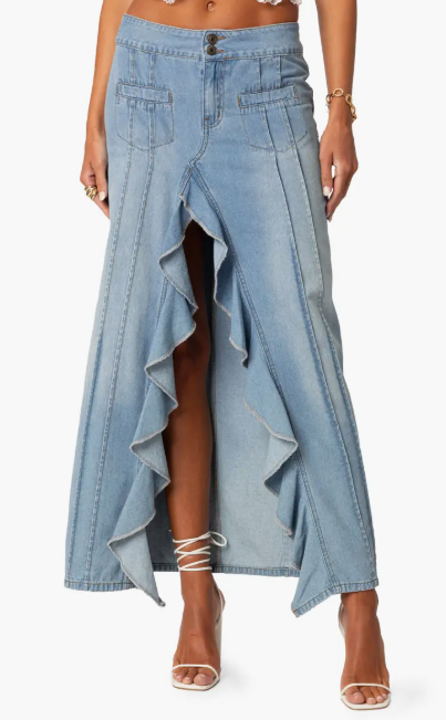 Ruffle Slit Front Denim Maxi Skirt