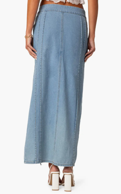 Ruffle Slit Front Denim Maxi Skirt