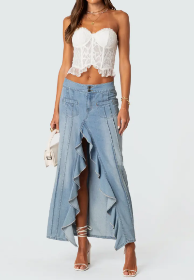 Ruffle Slit Front Denim Maxi Skirt
