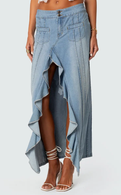 Ruffle Slit Front Denim Maxi Skirt