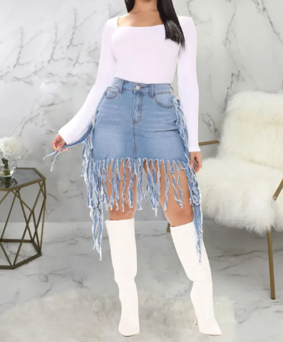 Women Fashion Sexy High Waist Tassel Denim Skirt