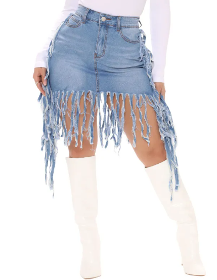 Women Fashion Sexy High Waist Tassel Denim Skirt
