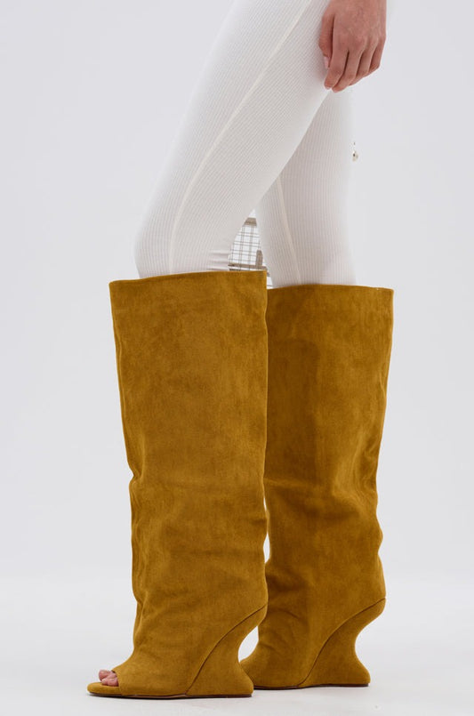Mustard Suede Open Toe Boot