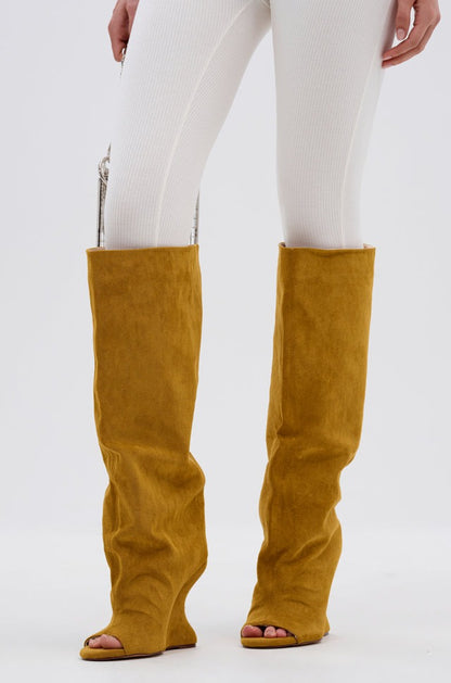 Mustard Suede Open Toe Boot