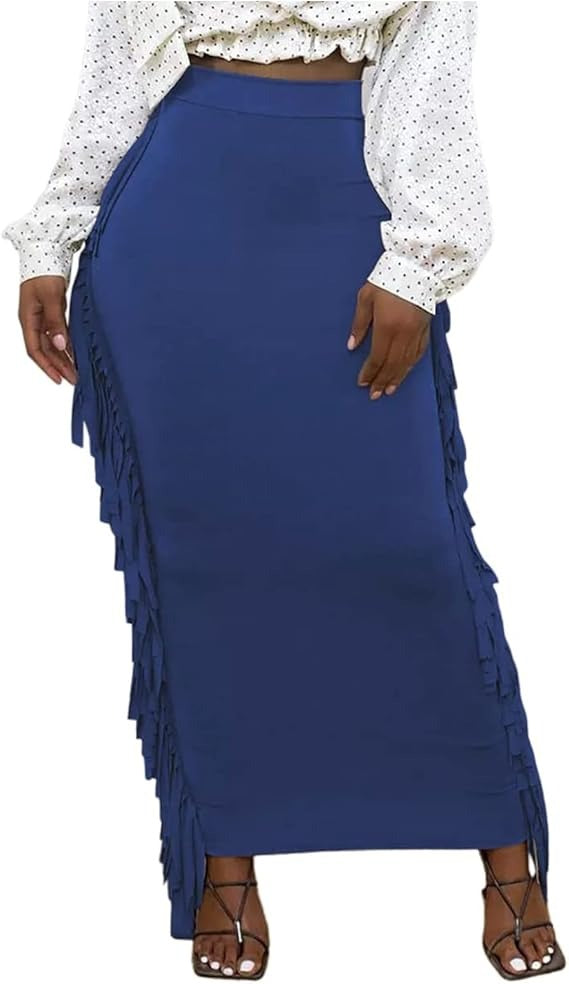 Women High Waist Sides Tassel Bodycon Maxi Skirt