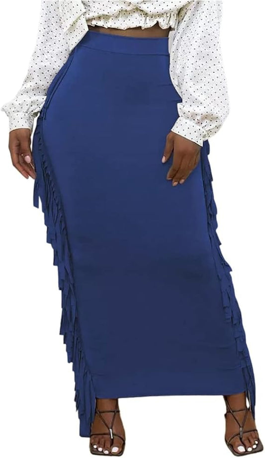 Women High Waist Sides Tassel Bodycon Maxi Skirt