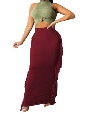 Women High Waist Sides Tassel Bodycon Maxi Skirt