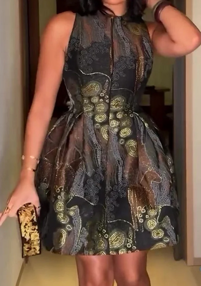 Pattern Print Round Neck Sleeveless A-Line Mini Dresses