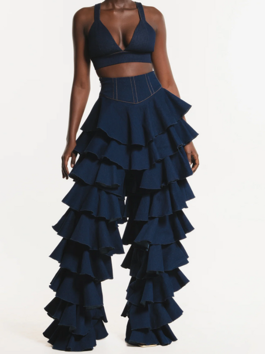 Denim Ruffle Pants