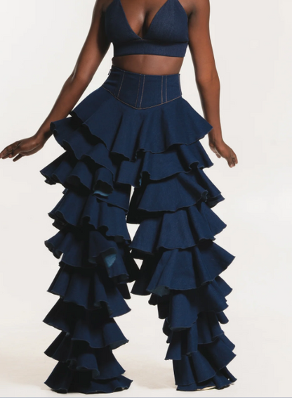 Denim Ruffle Pants