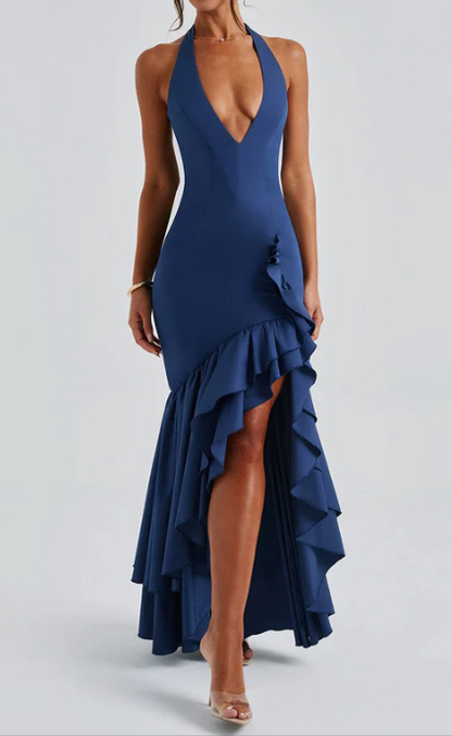Halter Neck Slit Backless Ruffled Hem Slim Fit Long Dress