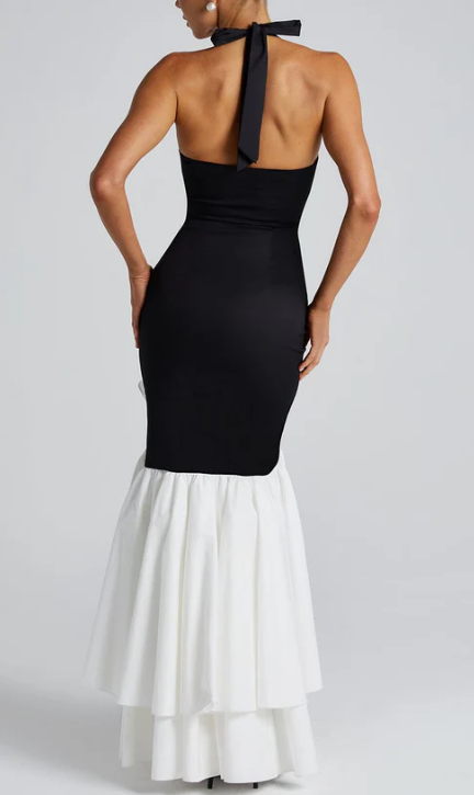 Halter Neck Slit Backless Ruffled Hem Slim Fit Long Dress