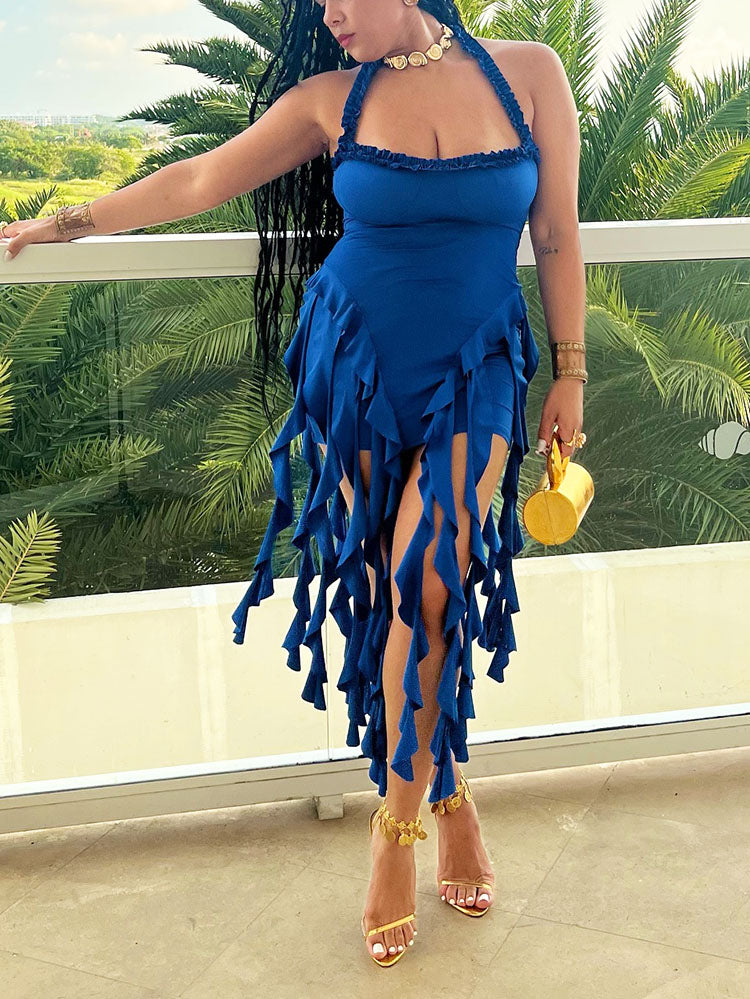 Fashion Sexy Ruffle Trim Halter Dress