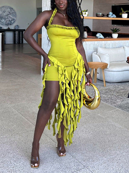 Fashion Sexy Ruffle Trim Halter Dress