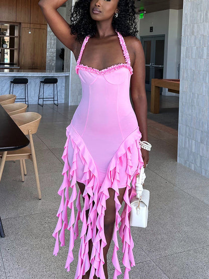 Fashion Sexy Ruffle Trim Halter Dress