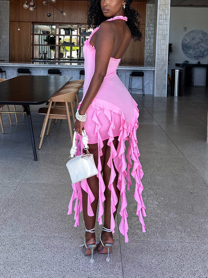 Fashion Sexy Ruffle Trim Halter Dress