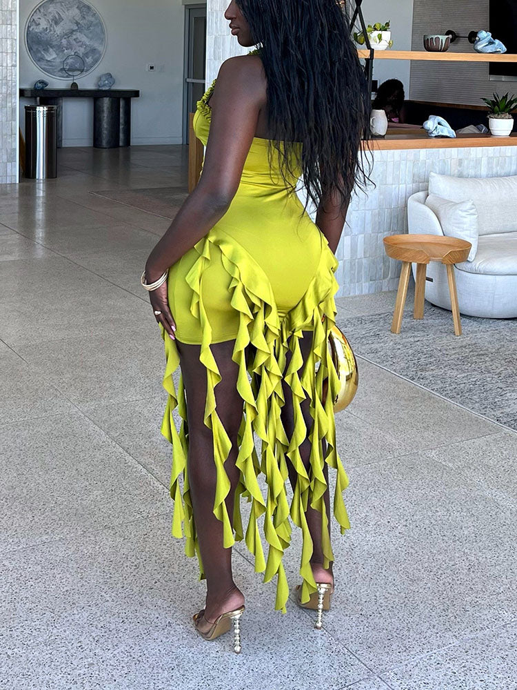 Fashion Sexy Ruffle Trim Halter Dress