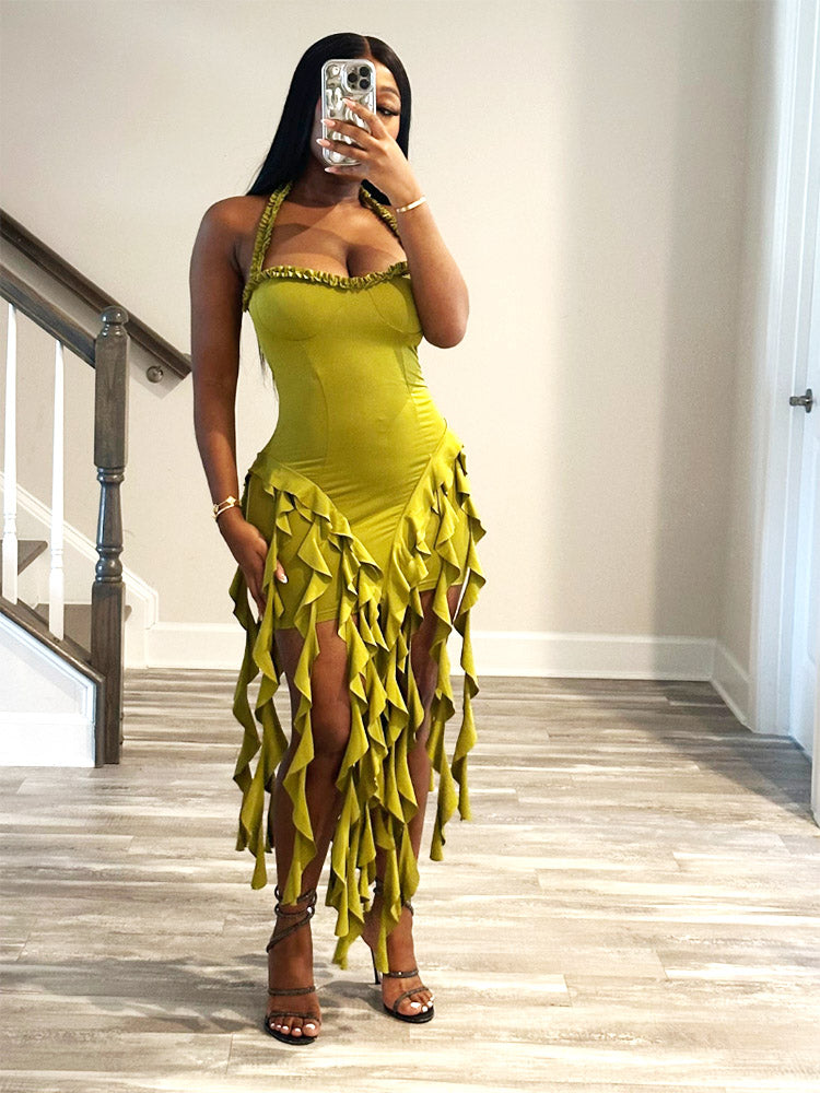 Fashion Sexy Ruffle Trim Halter Dress