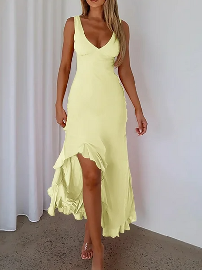 V Neck Sleeveless Ruffle Hem Maxi Dress