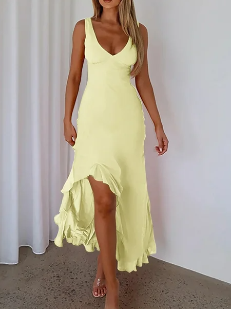 V Neck Sleeveless Ruffle Hem Maxi Dress