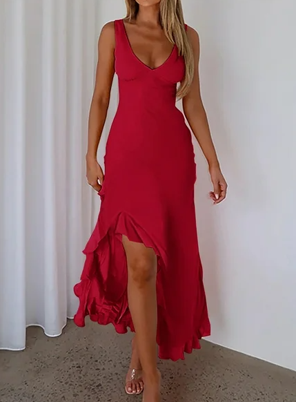 V Neck Sleeveless Ruffle Hem Maxi Dress