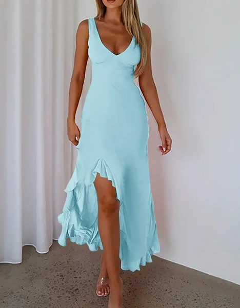 V Neck Sleeveless Ruffle Hem Maxi Dress