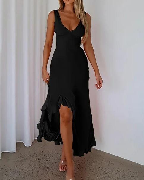 V Neck Sleeveless Ruffle Hem Maxi Dress