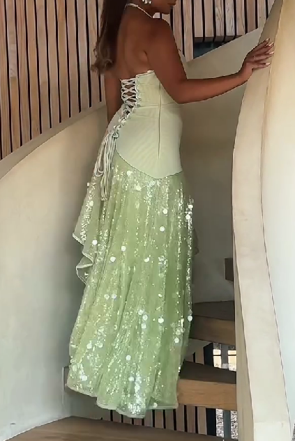 Back Waist Tie Halter Neck Sequined Skirt