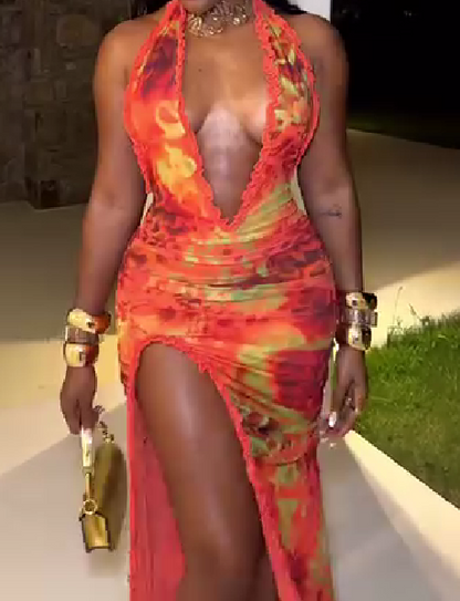 High Slit Halter Deep V Neck Sexy Dress