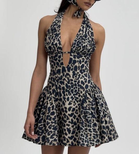 Cheetah Print Halter Linen Mini Dress
