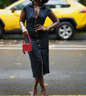 Denim Midi Dress With Pleated Waist