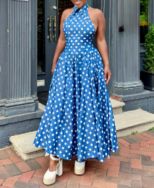 Round Neck Hollow Wave Dot Splicing Dress