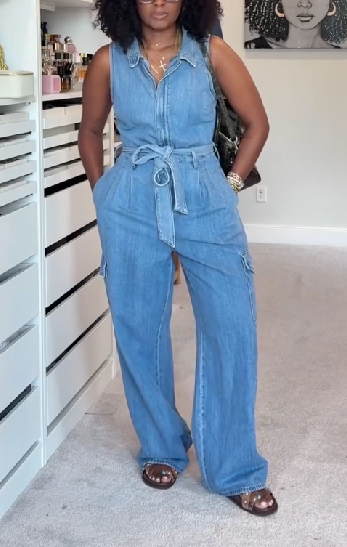Sleeveless Lapel Denim Wide-leg Jumpsuit