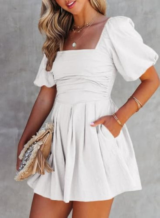 Puff Sleeve Elastic Square Neck Mini Short Romper with Pockets