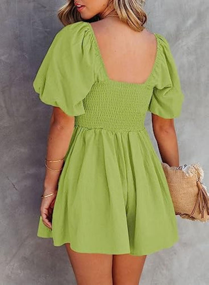 Puff Sleeve Elastic Square Neck Mini Short Romper with Pockets
