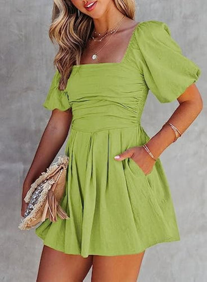 Puff Sleeve Elastic Square Neck Mini Short Romper with Pockets