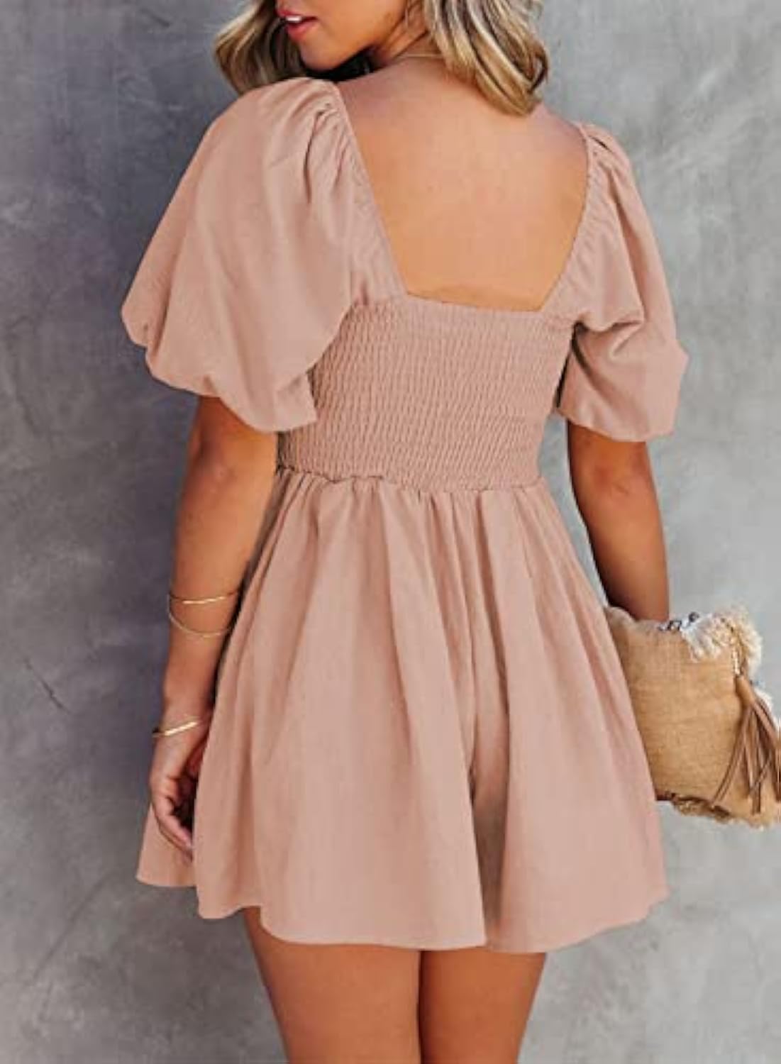 Puff Sleeve Elastic Square Neck Mini Short Romper with Pockets