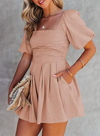 Puff Sleeve Elastic Square Neck Mini Short Romper with Pockets