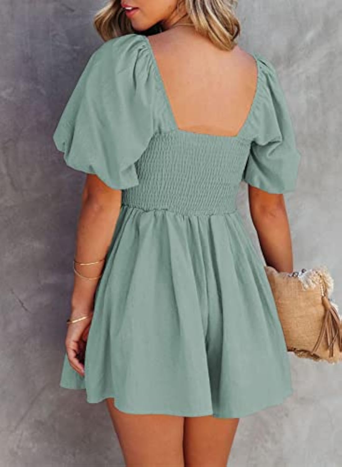 Puff Sleeve Elastic Square Neck Mini Short Romper with Pockets
