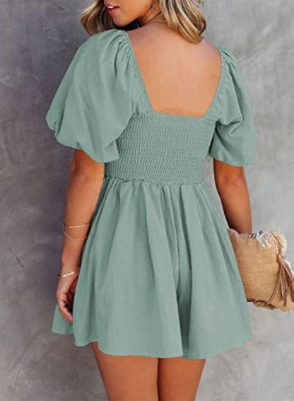 Puff Sleeve Elastic Square Neck Mini Short Romper with Pockets