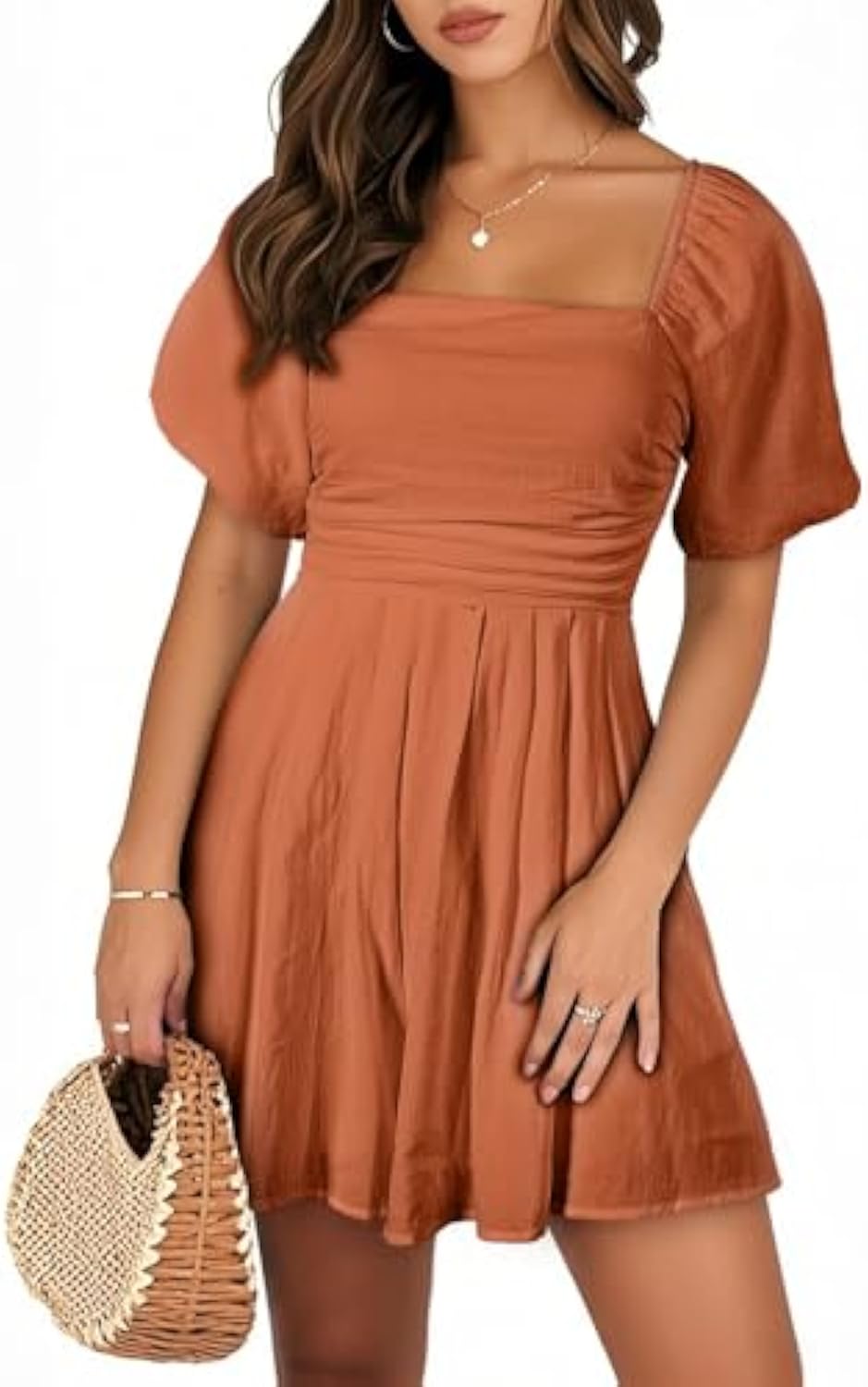 Puff Sleeve Elastic Square Neck Mini Short Romper with Pockets