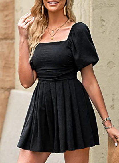 Puff Sleeve Elastic Square Neck Mini Short Romper with Pockets